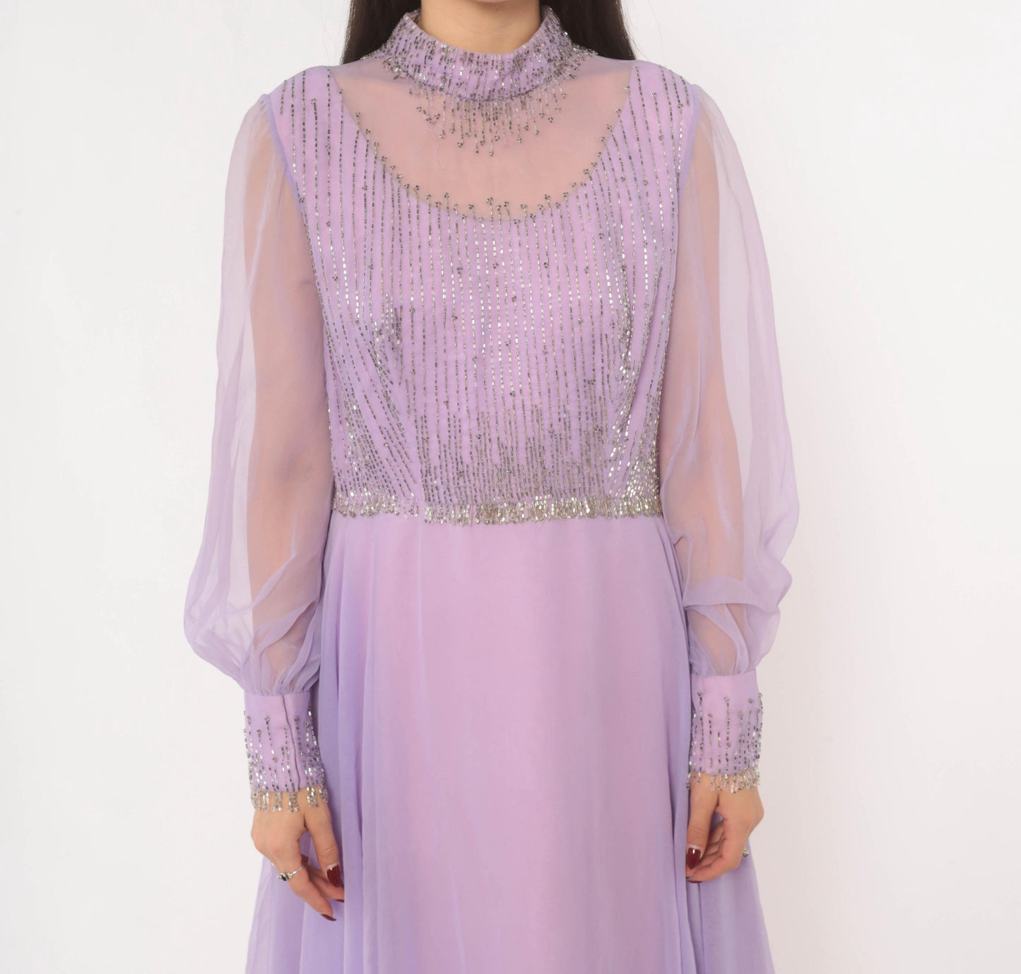 70s Lavender Chiffon Maxi Dress Beaded Bodice Bishop Sleeve Evening Gown Large L