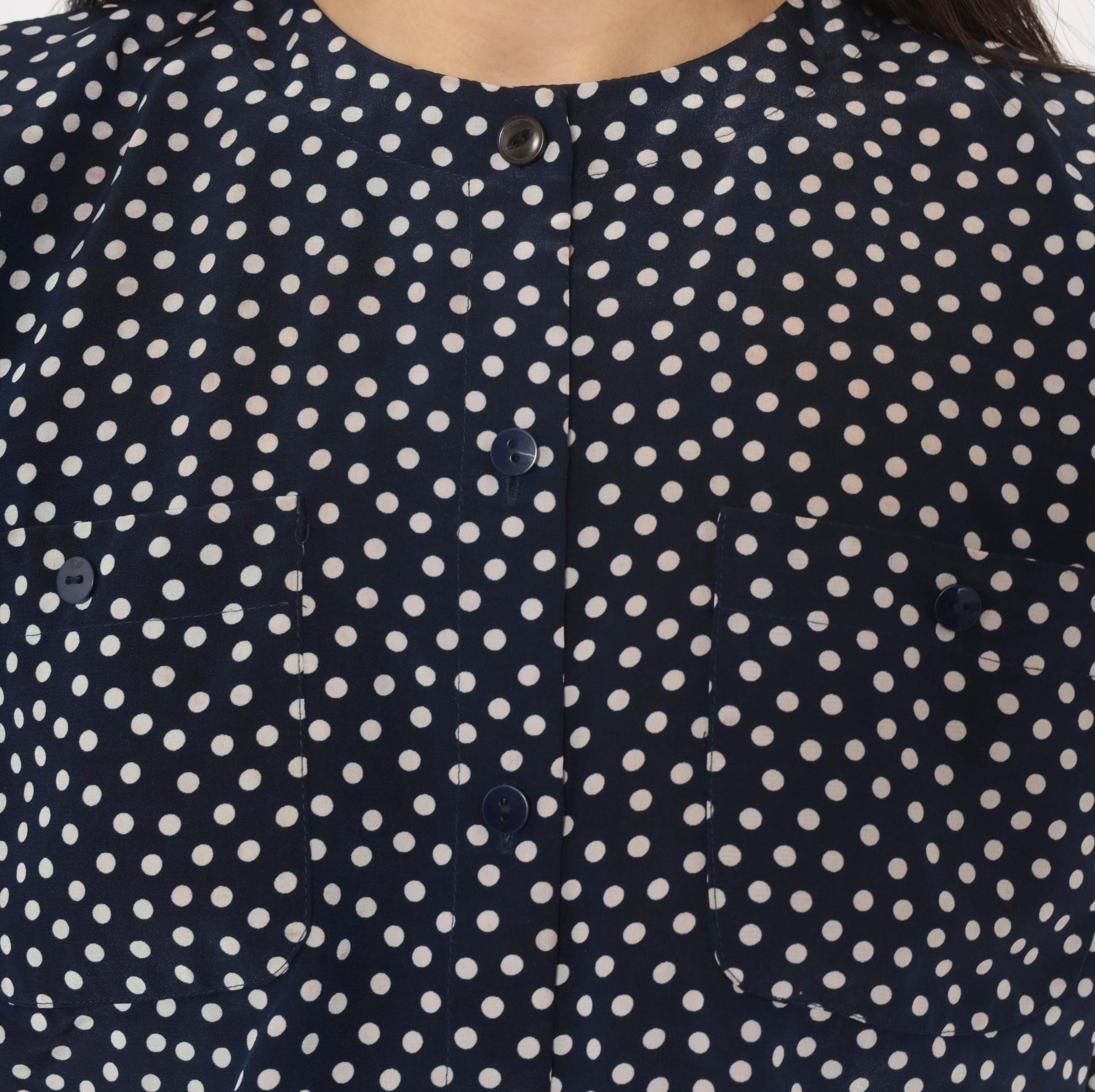 90s Navy Polka Dot Midi Dress Liz Petites Button Front Crew Neck Medium M