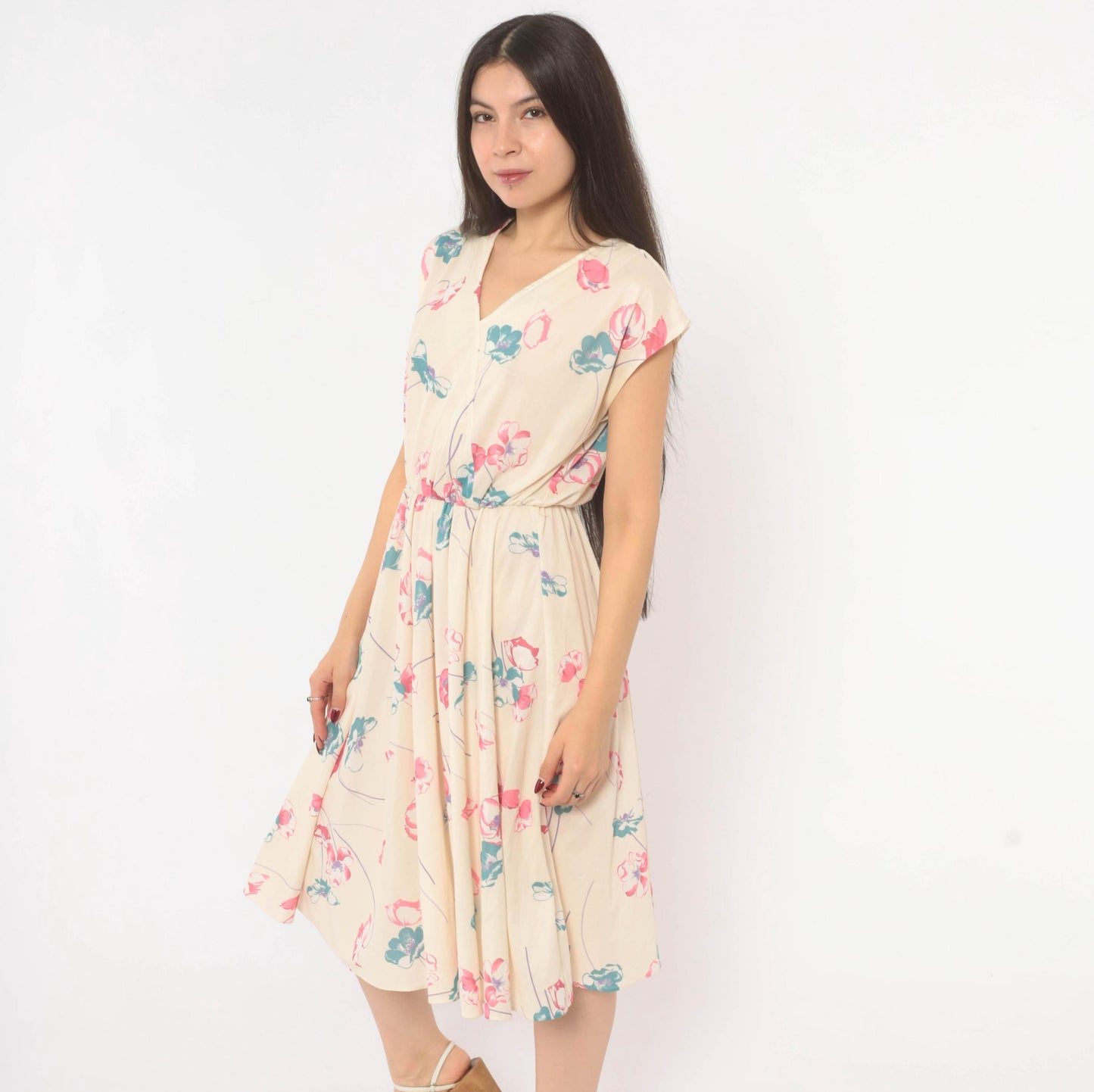 80s Floral Wrap Dress Cream Pink Teal Cap Sleeve Knee Length Medium
