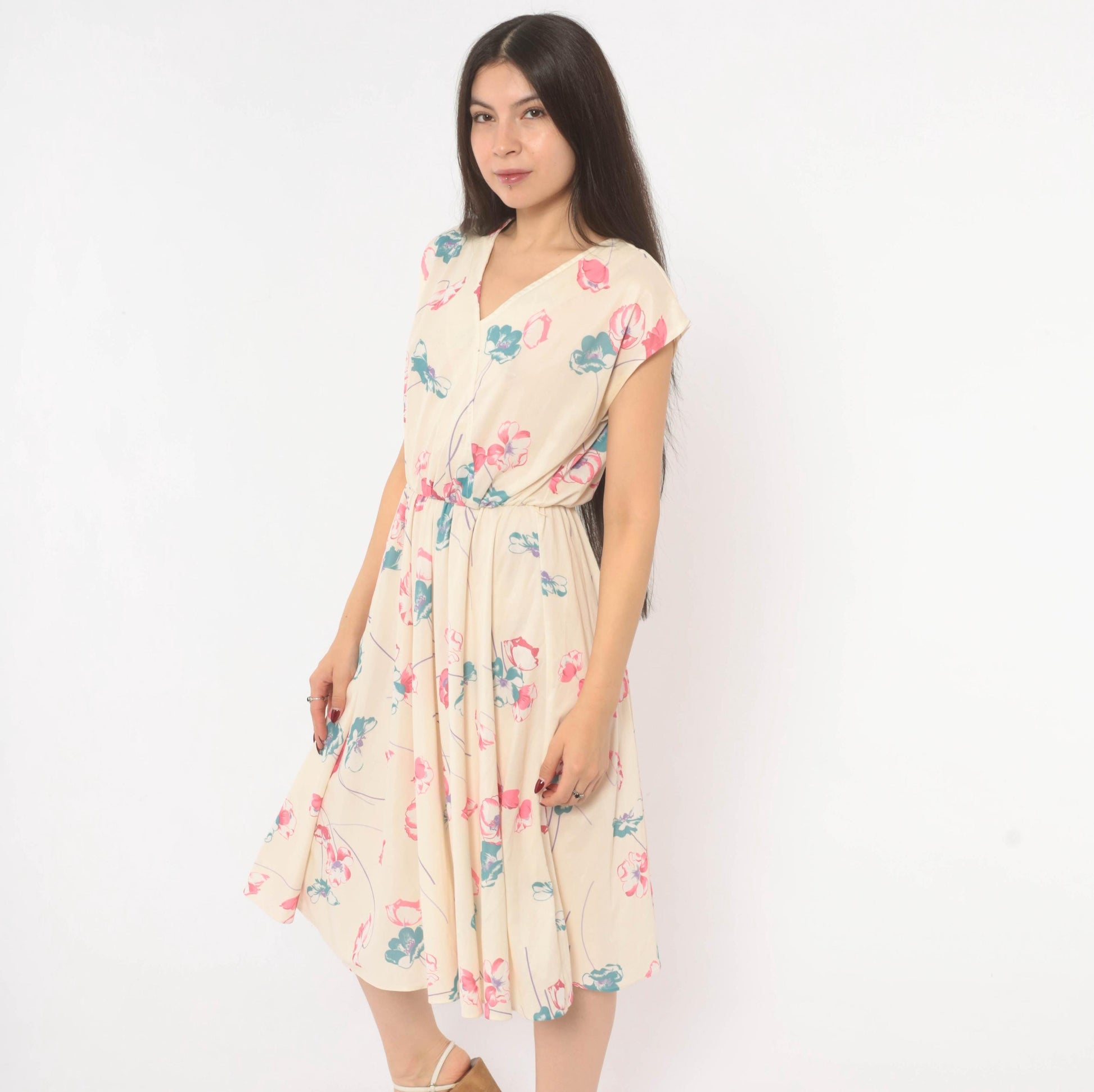 80s Floral Wrap Dress Cream Pink Teal Cap Sleeve Knee Length Medium