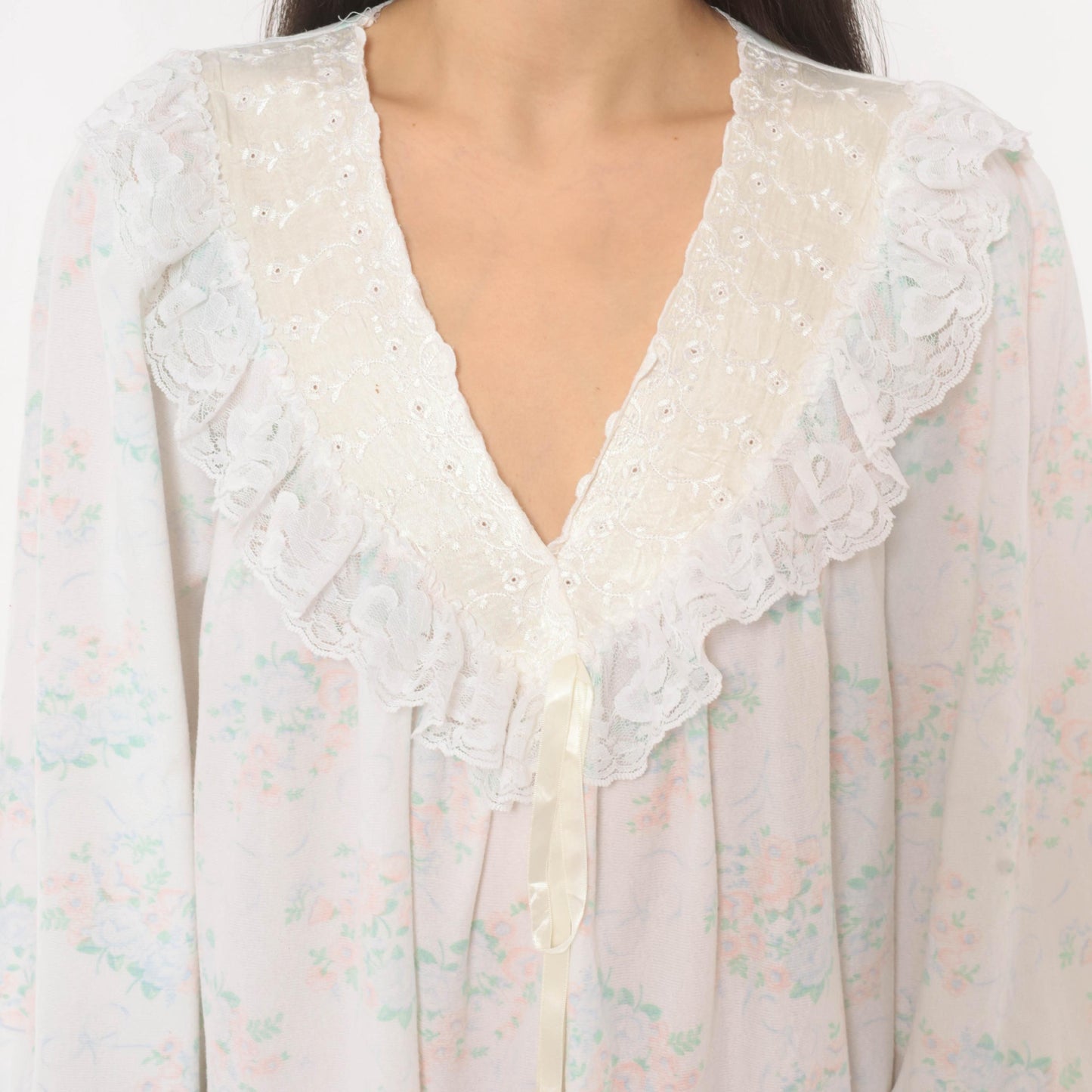 90s Gilligan O'Malley Floral Maxi Robe Puff Sleeve Eyelet Collar Pink Teal Medium M