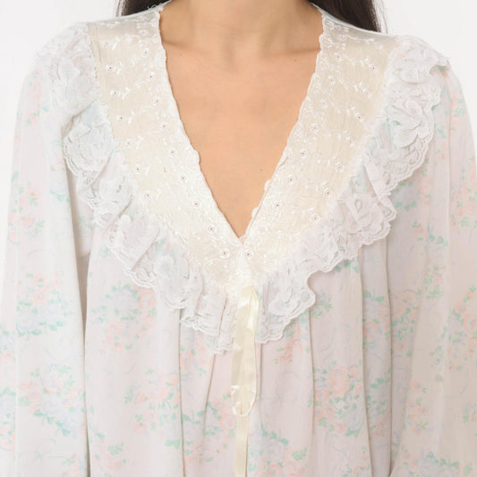90s Gilligan O'Malley Floral Maxi Robe Puff Sleeve Eyelet Collar Pink Teal Medium M