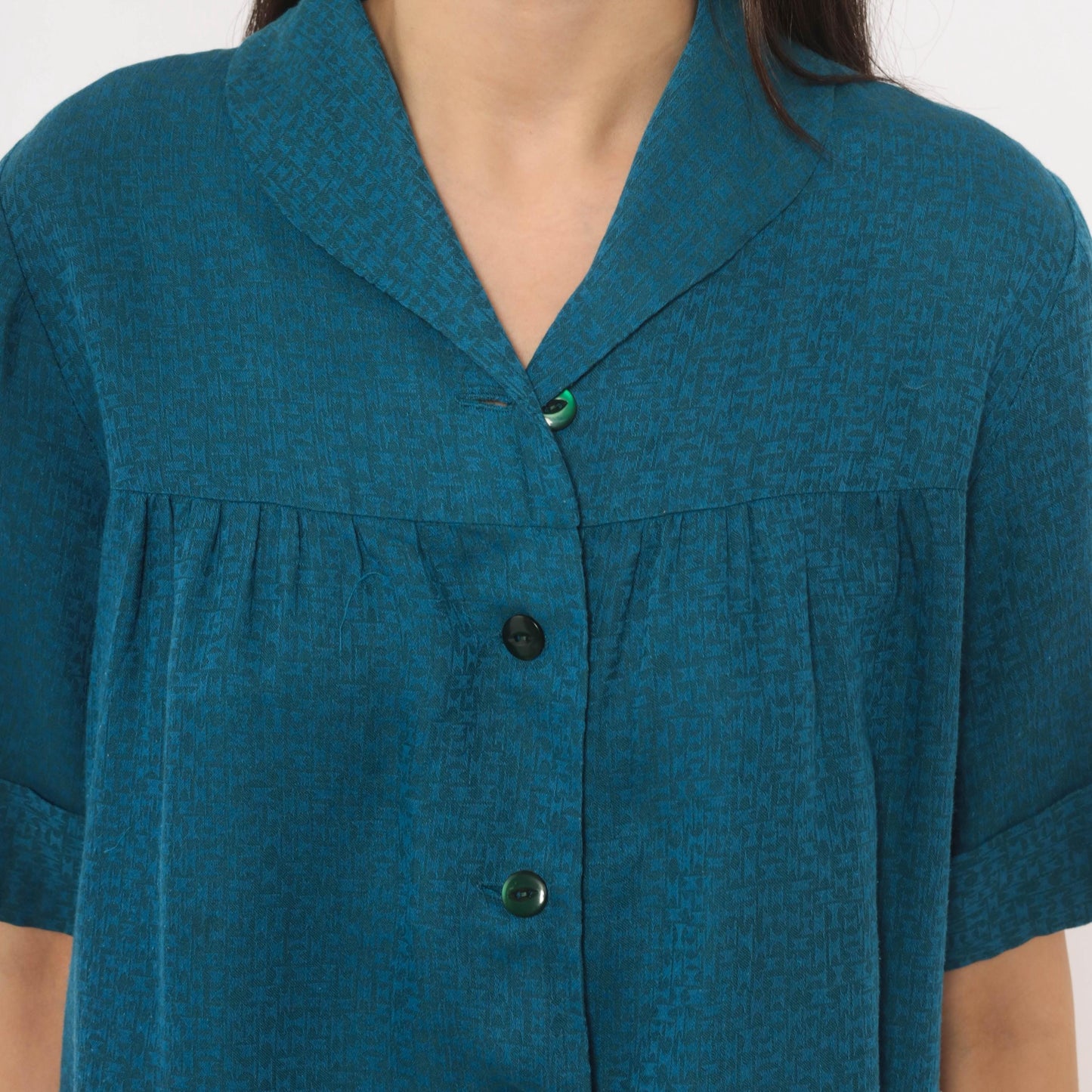 60s Royal Dry Goods Mod Shift Dress Teal Button Front Cotton Medium M