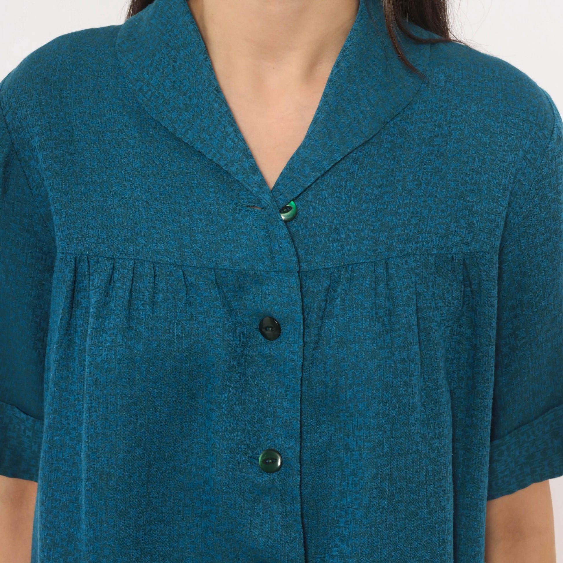 60s Royal Dry Goods Mod Shift Dress Teal Button Front Cotton Medium M