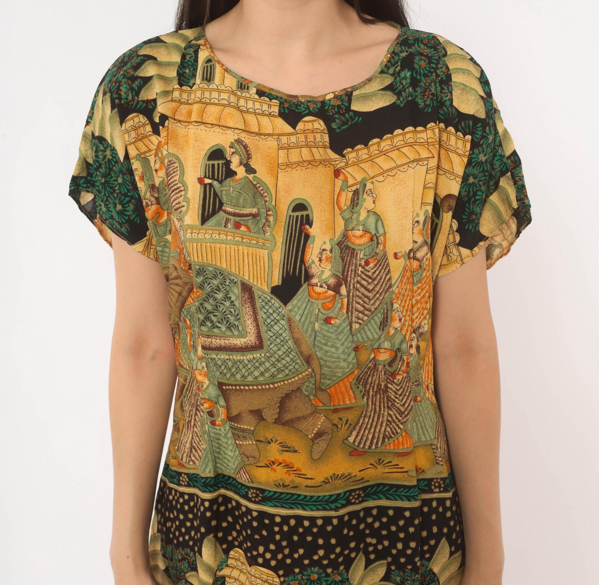 90s Mughal Palace Print Shift Dress Mustard Green Rayon Medium M