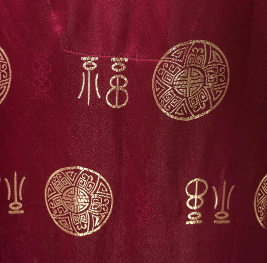 90s Magenta Satin Robe Gold Jacquard Medallion Kimono Maxi Duster Large L