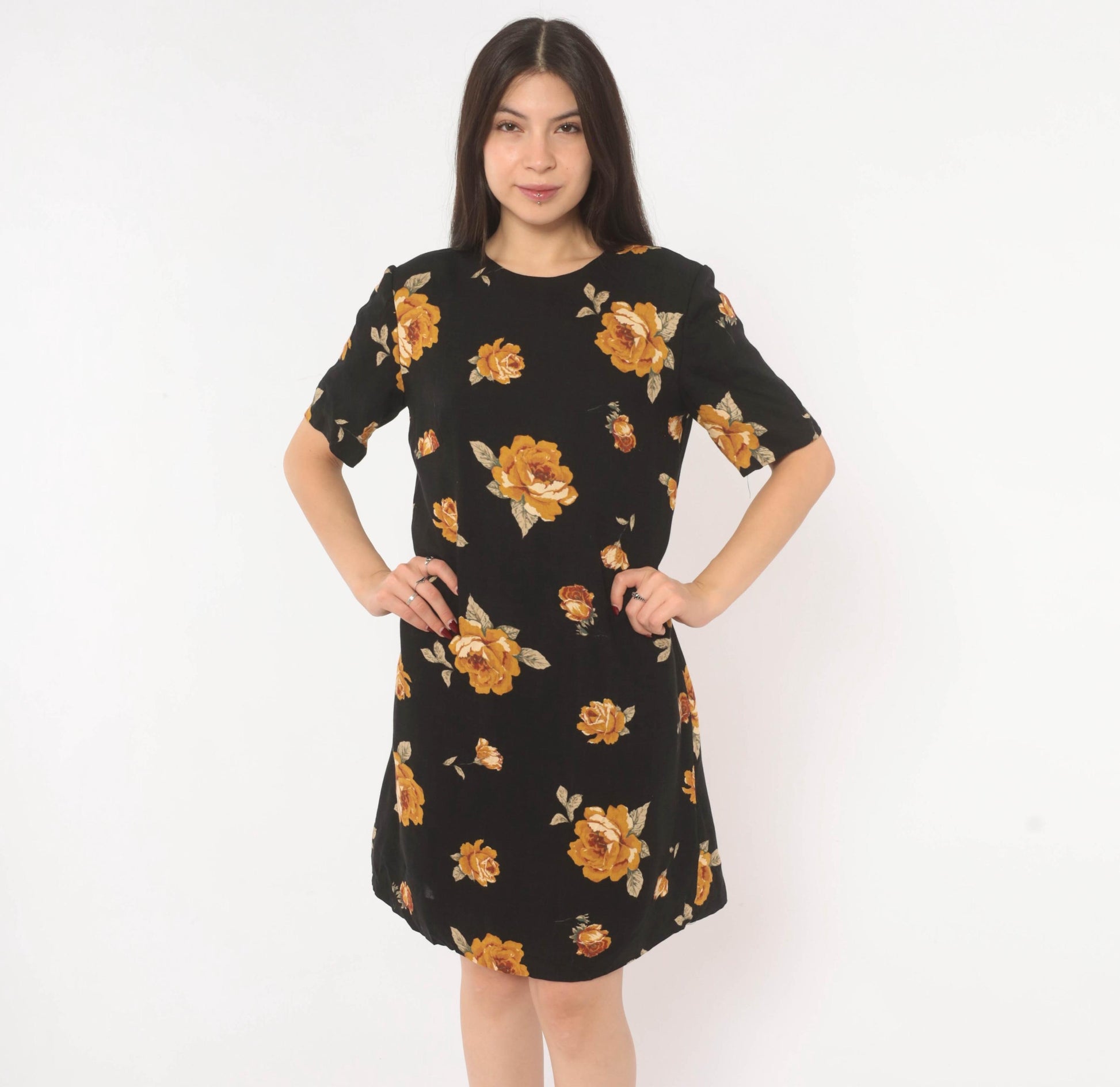 90s Black Floral Shift Dress Mustard Rose Print Cotton Crew Neck Medium M