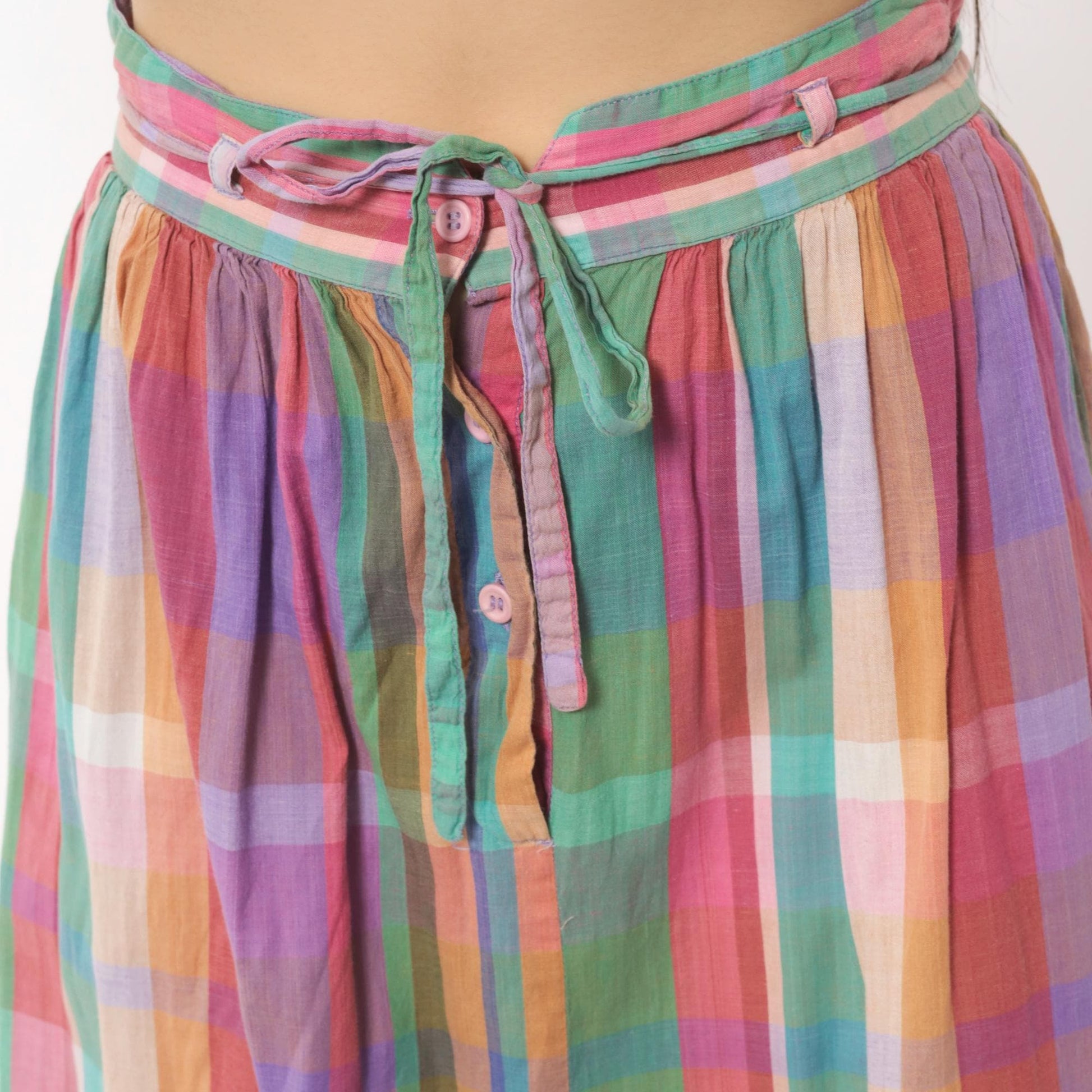 80s Michel Madras Plaid Cotton Midi Skirt Gathered A-Line Pink Teal Small
