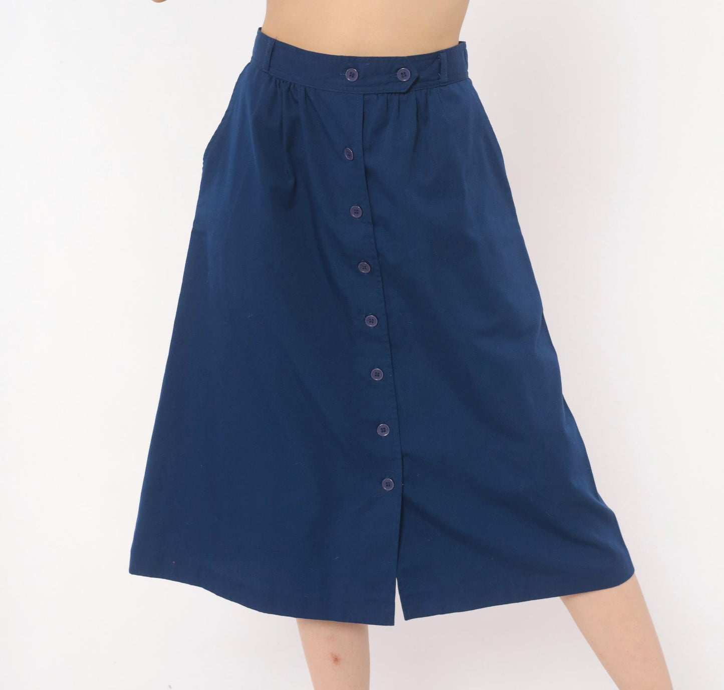80s Navy Button Front A-Line Skirt Cotton Knee Length Medium M