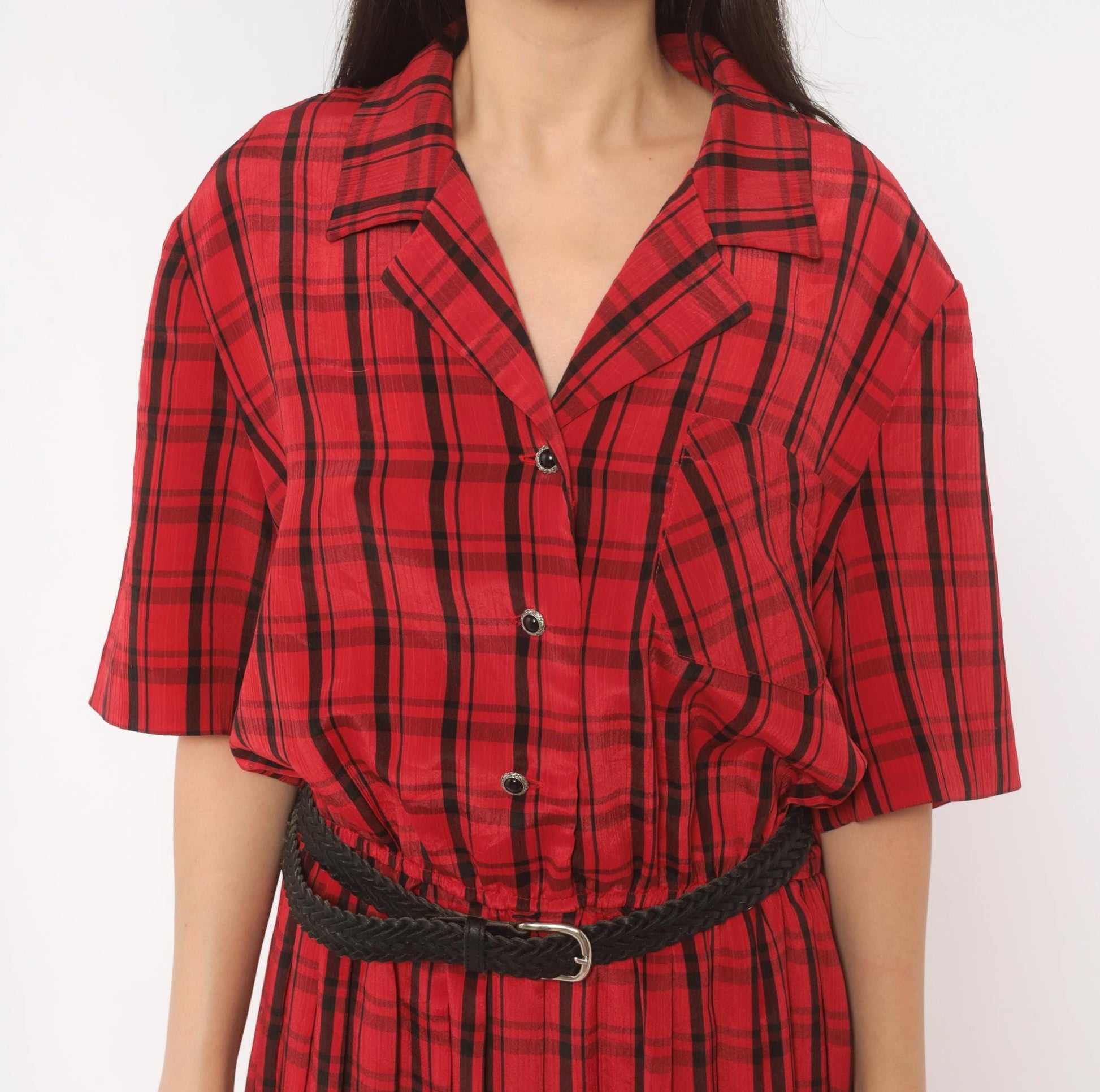 80s Leslie Fay Plaid Shirtdress Red Black Tartan Midi Pleated Medium Large