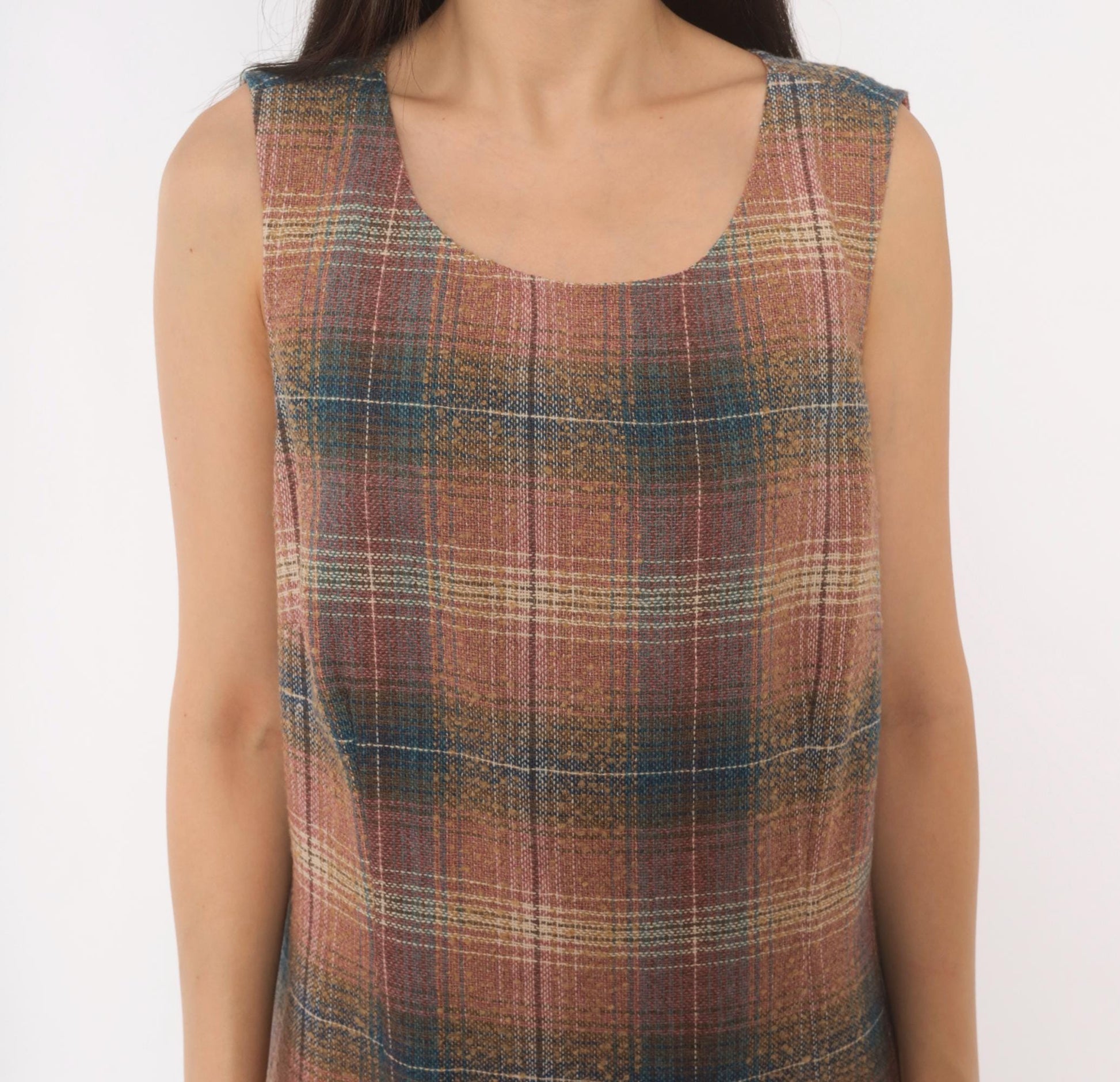 Y2K Chadwicks Plaid Wool Midi Dress Sleeveless A-Line Pink Teal Large L