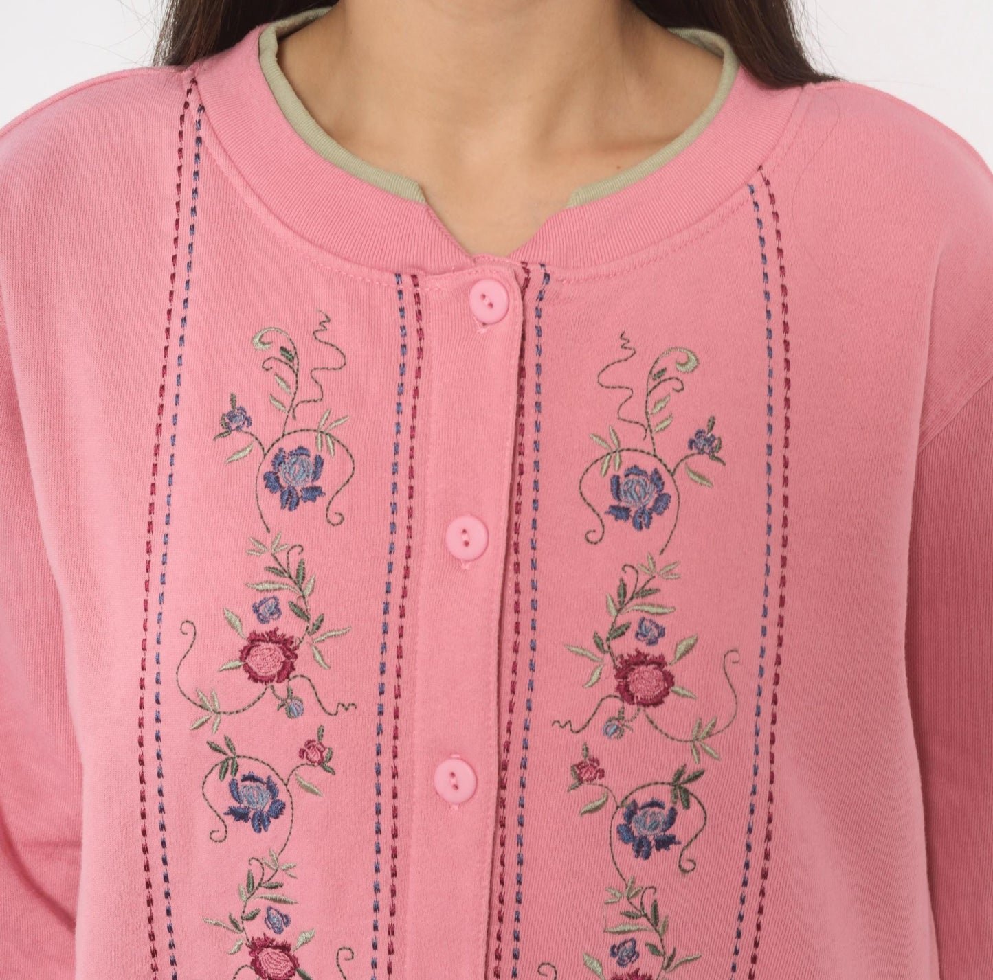 90s Shenanigans Floral Embroidered Cardigan Pink Cotton Button Front Medium