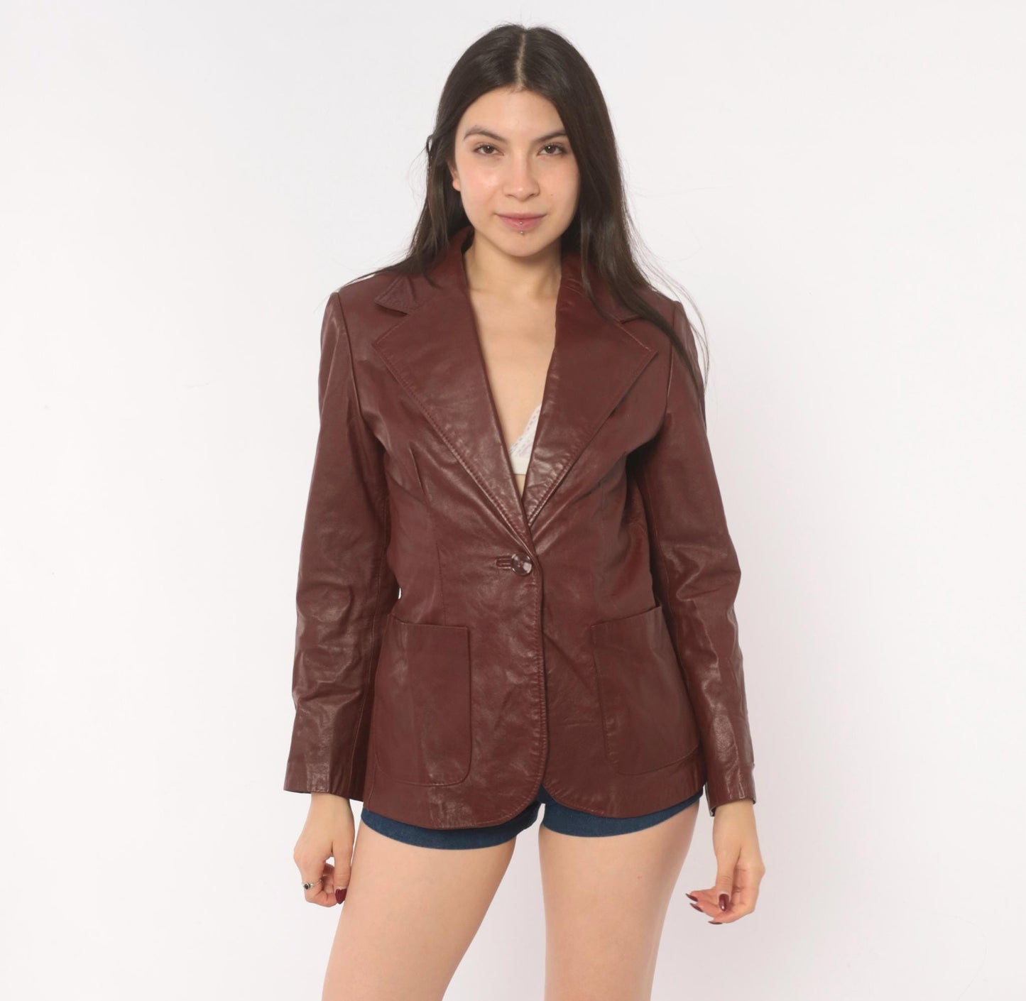 70s Burgundy Leather Blazer Single Button Notched Lapel Fitted Waist XS