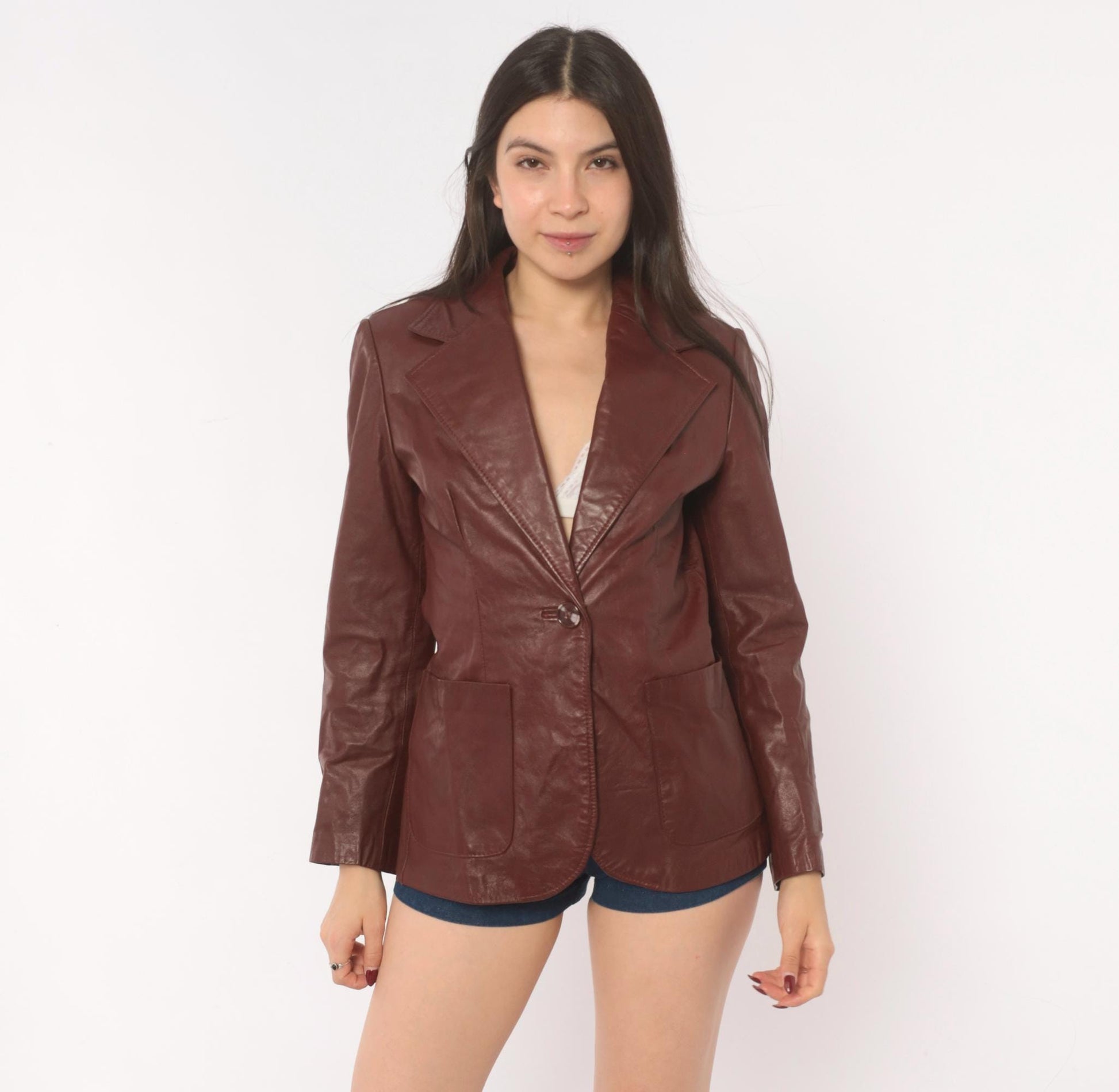 70s Burgundy Leather Blazer Single Button Notched Lapel Fitted Waist XS