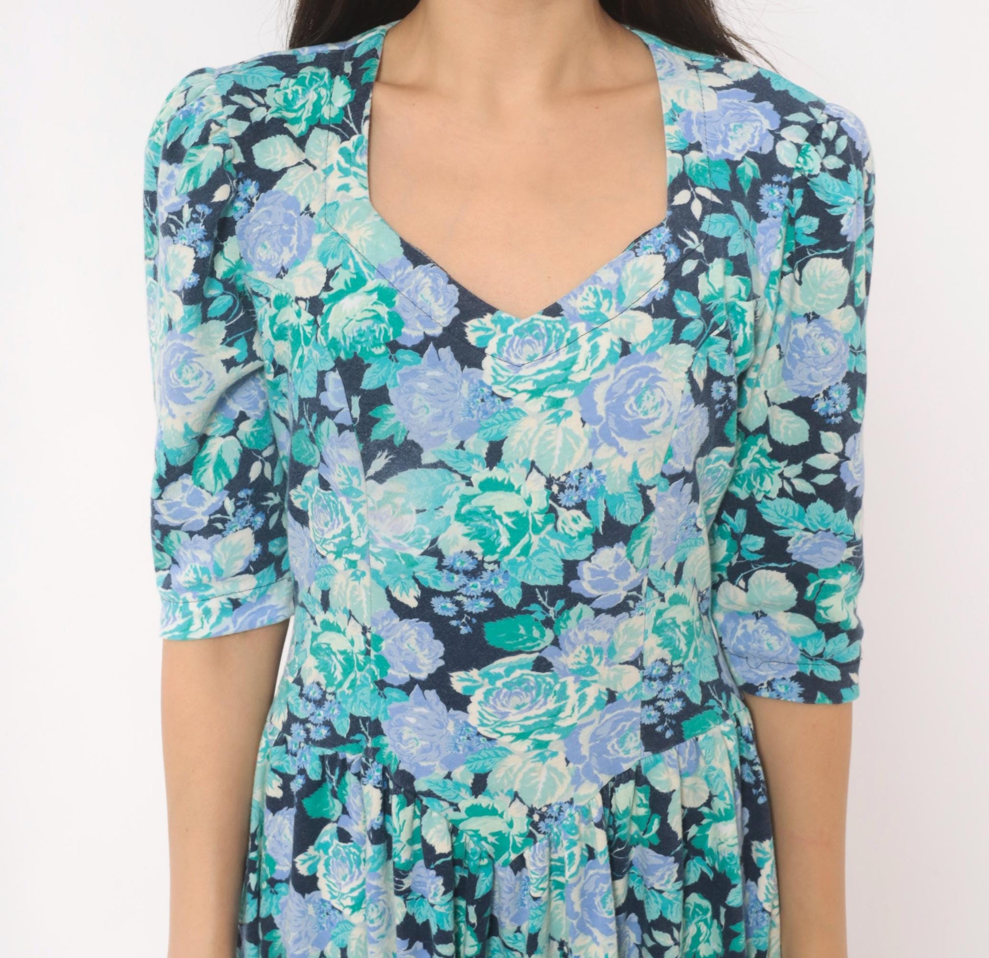 80s Stash Floral Dress Rose Print Sweetheart Neckline Puff Sleeve Navy Extra Small XS