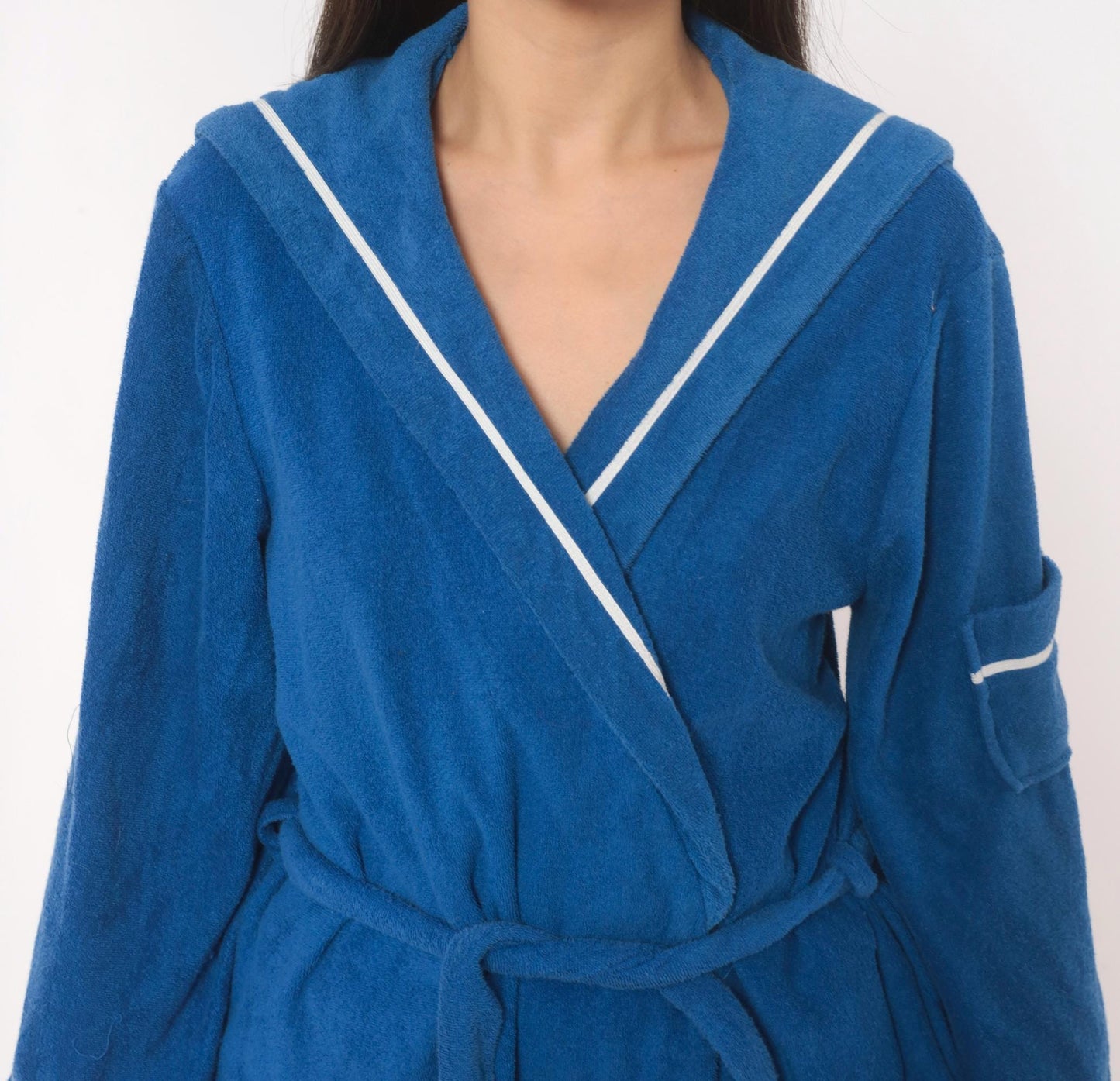 70s Deena Blue Terry Cloth Robe Sailor Collar White Piping Mini Medium M