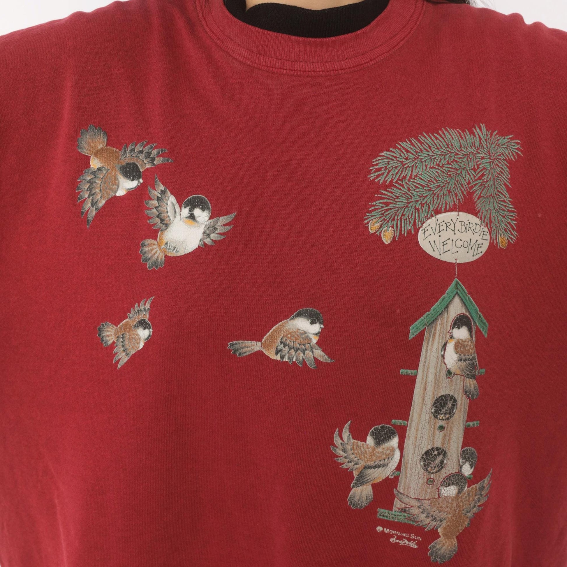 90s Morning Sun Burgundy Bird Birdhouse Crewneck Sweatshirt Cotton Large L