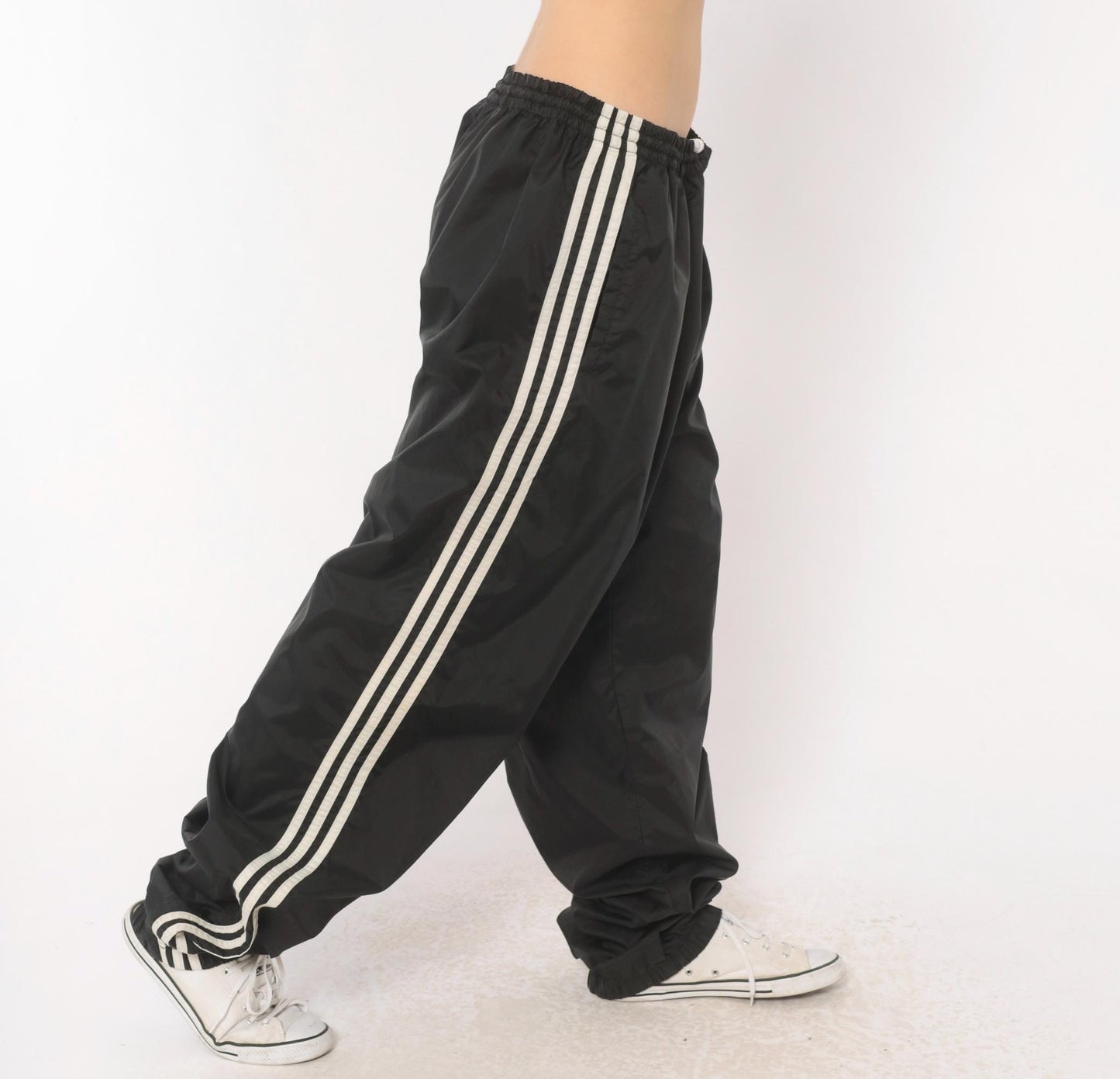 90s Adidas Track Pants Black White Three Stripe Nylon Trefoil Extra Large XL