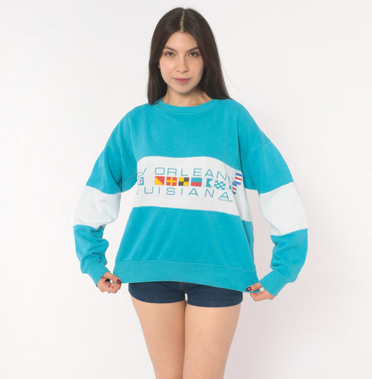 90s Resort Works New Orleans Color Block Sweatshirt Teal White Nautical Large L