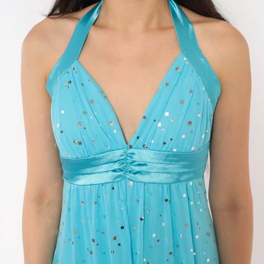 Y2K Sky Blue Halter Mini Dress Metallic Confetti Empire Waist Open Back Extra Large
