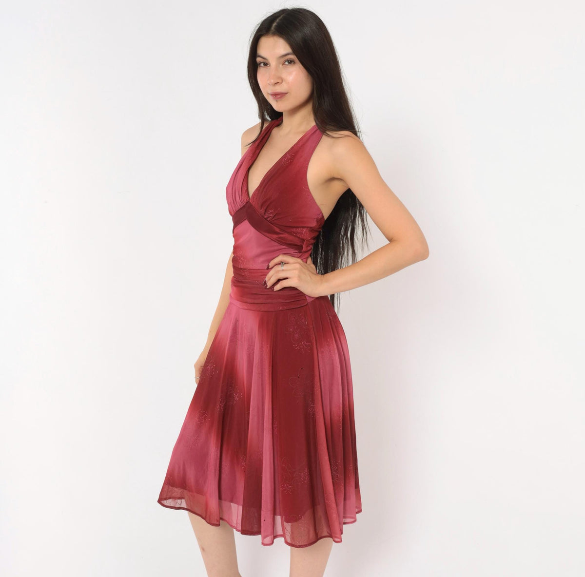 00s Fanny Fashion Burgundy Ombre Halter Dress Deep V Neck Mesh Floral Glitter Small