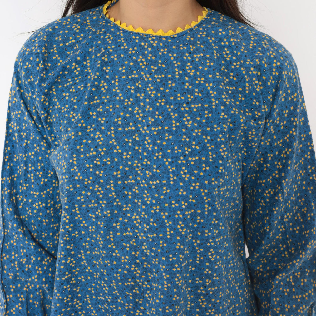 70s Ditsy Floral Cotton Mini Dress Blue Yellow Ric Rac Long Sleeve Extra Small XS