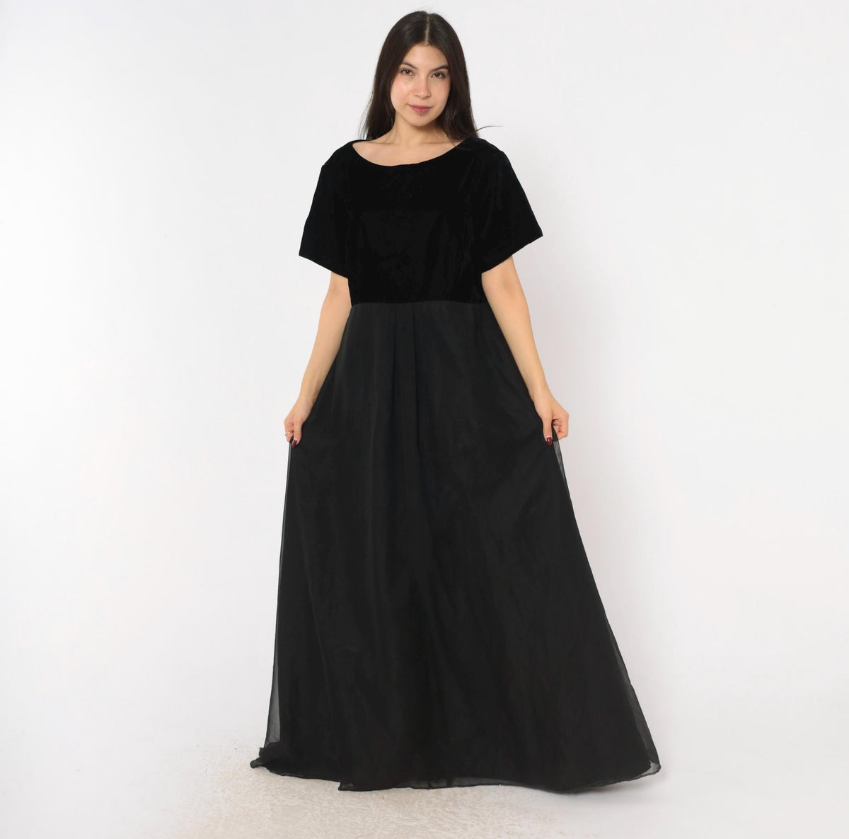 90s Stage Black Velvet Bodice Maxi Gown Chiffon Empire Waist Plus Size XXL