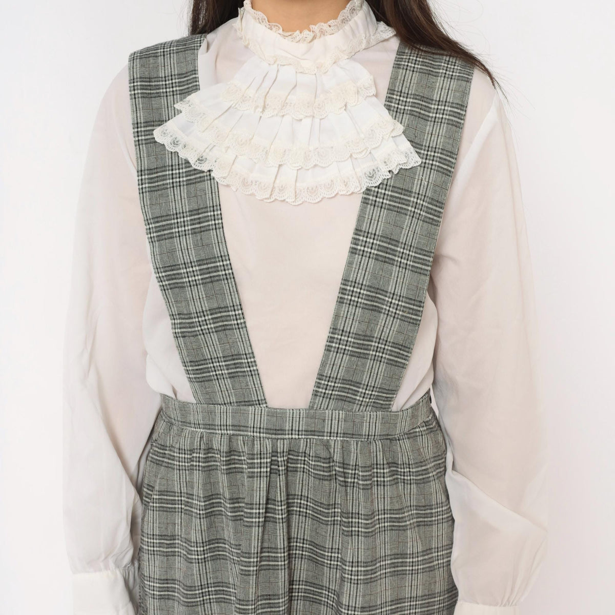 90s Grey Glen Plaid Pinafore Dress V-Neck Suspender Straps Tiered Ruffle Medium M
