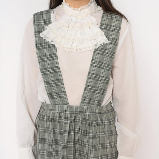 90s Grey Glen Plaid Pinafore Dress V-Neck Suspender Straps Tiered Ruffle Medium M