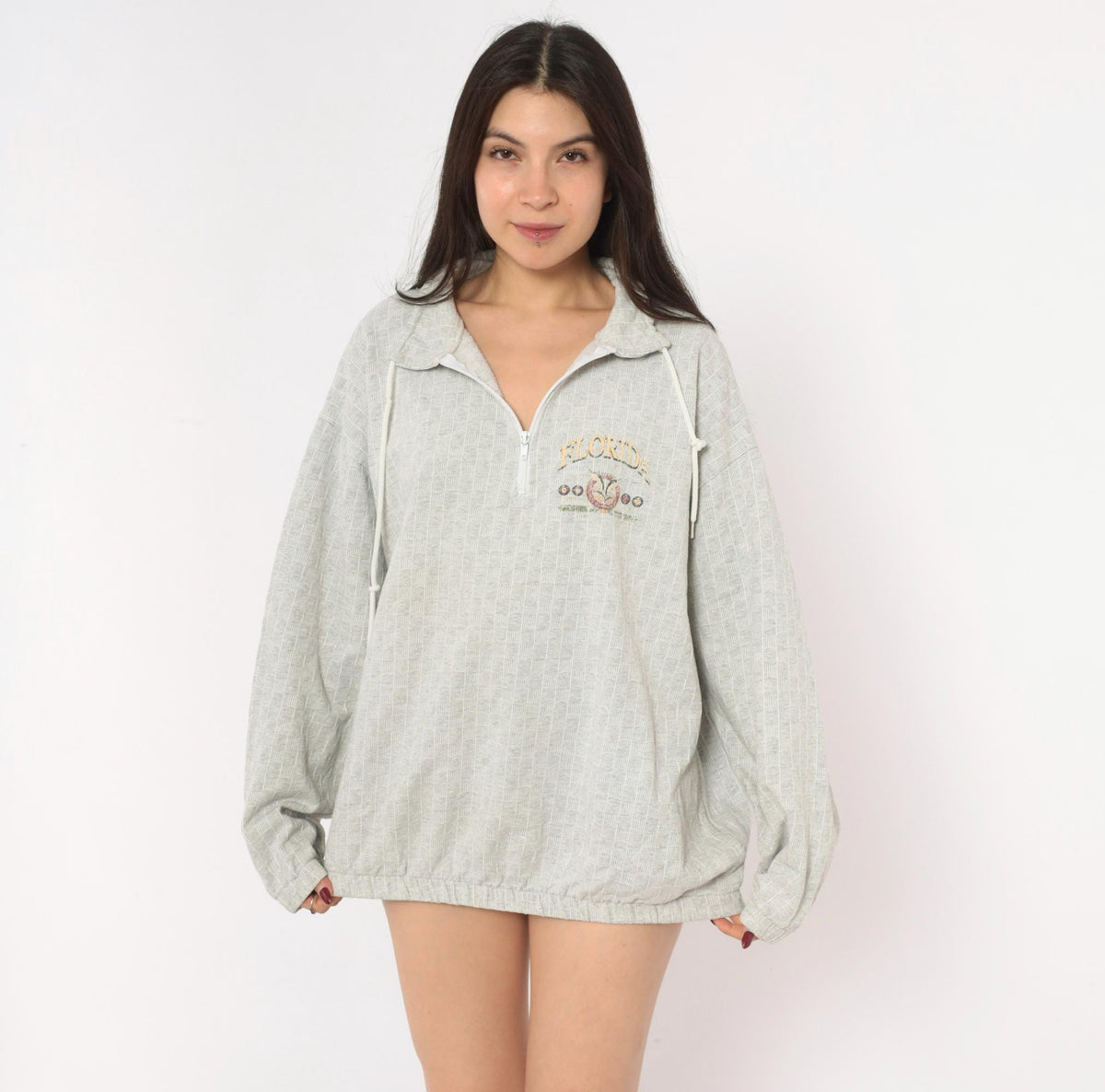 90s Tropical Casuals Florida Half-Zip Pullover Grey Cotton Waffle Knit Large