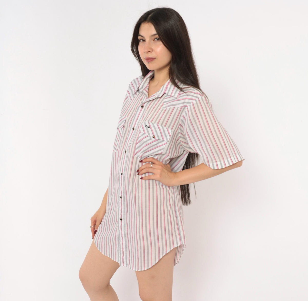 90s Silver Spur Western Snap Shirt Striped Pink Grey White Cotton Medium