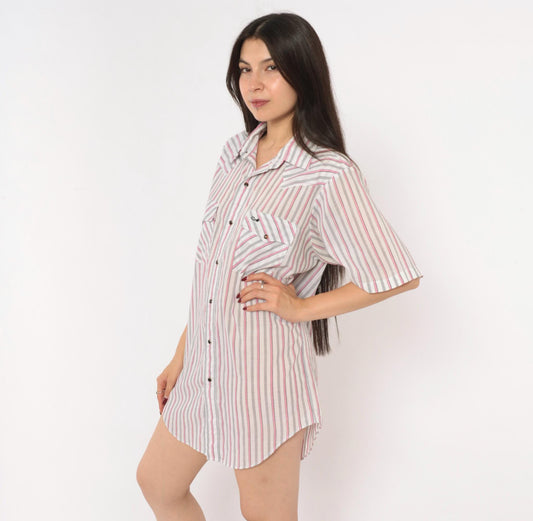 90s Silver Spur Western Snap Shirt Striped Pink Grey White Cotton Medium
