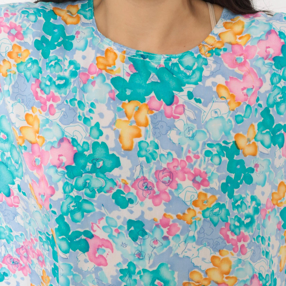 80s Watercolor Floral Crop Top Teal Pink Periwinkle Cap Sleeve Medium