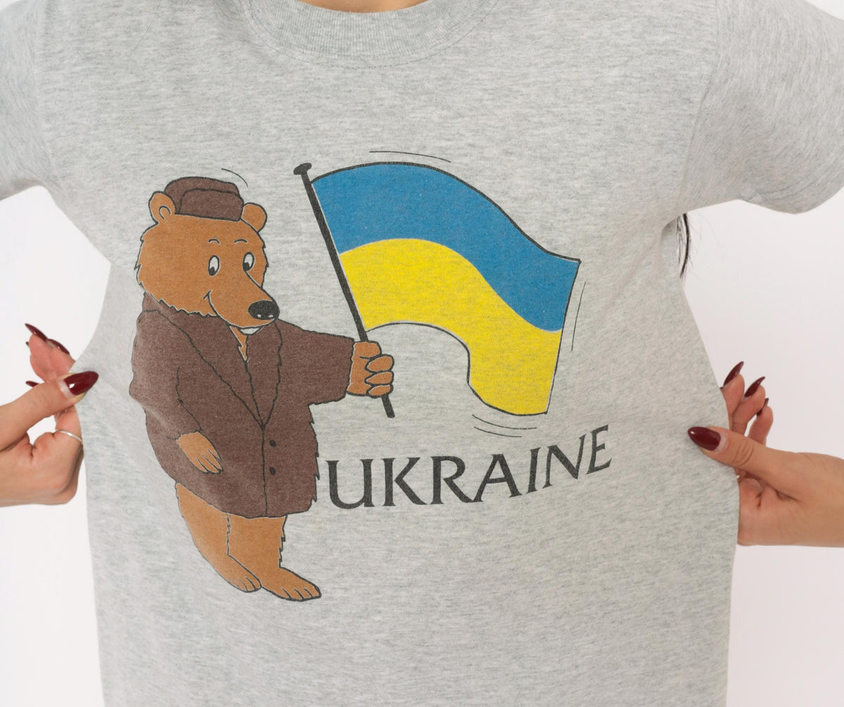 80s Screen Stars Ukraine Bear Graphic Baby Tee Grey Heather Extra Small XS