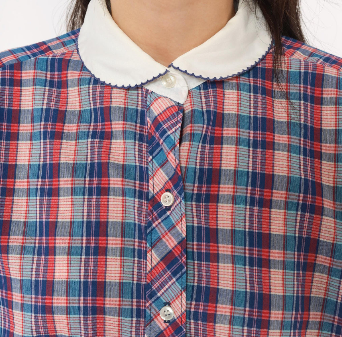 80s Oak Hill Plaid Peter Pan Collar Button Blouse Blue Red White Medium
