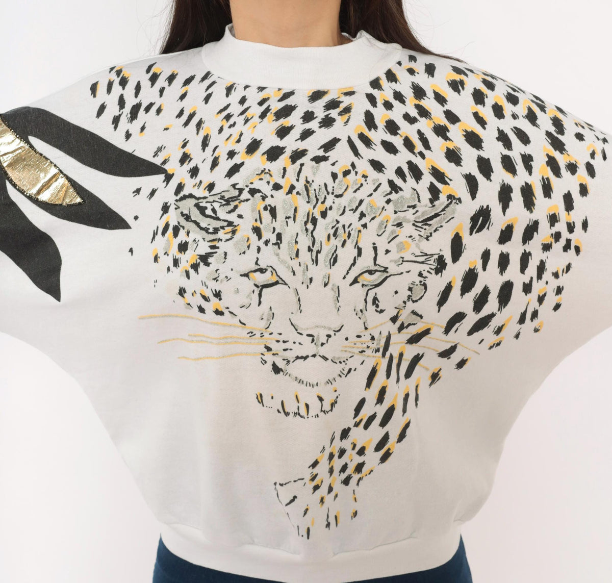 90s Land n Sea Leopard Face Sweatshirt White Gold Metallic Graphic Small