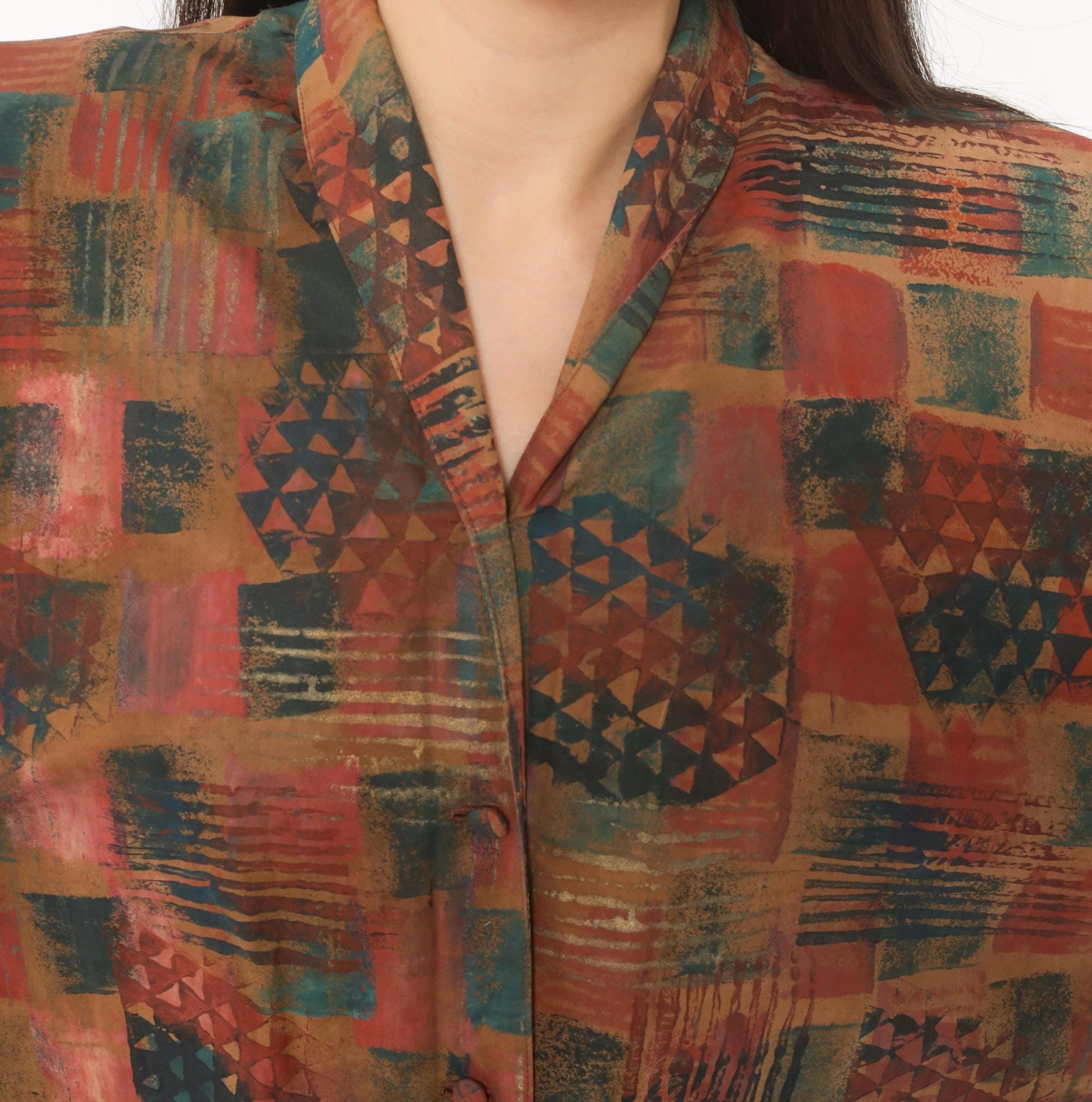 Y2K Abstract Geometric Blazer Shawl Collar Patchwork Rust Teal Medium M