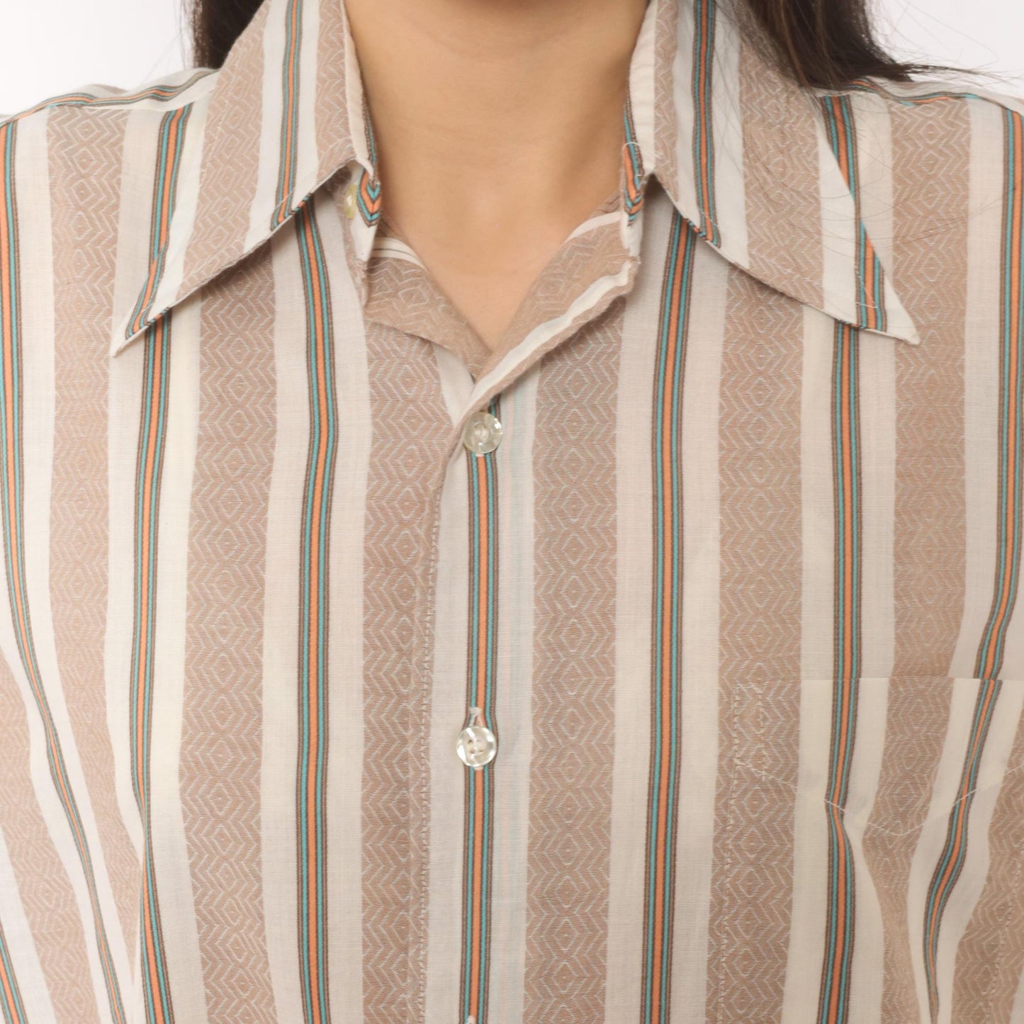 70s Donross Striped Button Up Shirt Cream Tan Teal Orange Camp Collar Medium