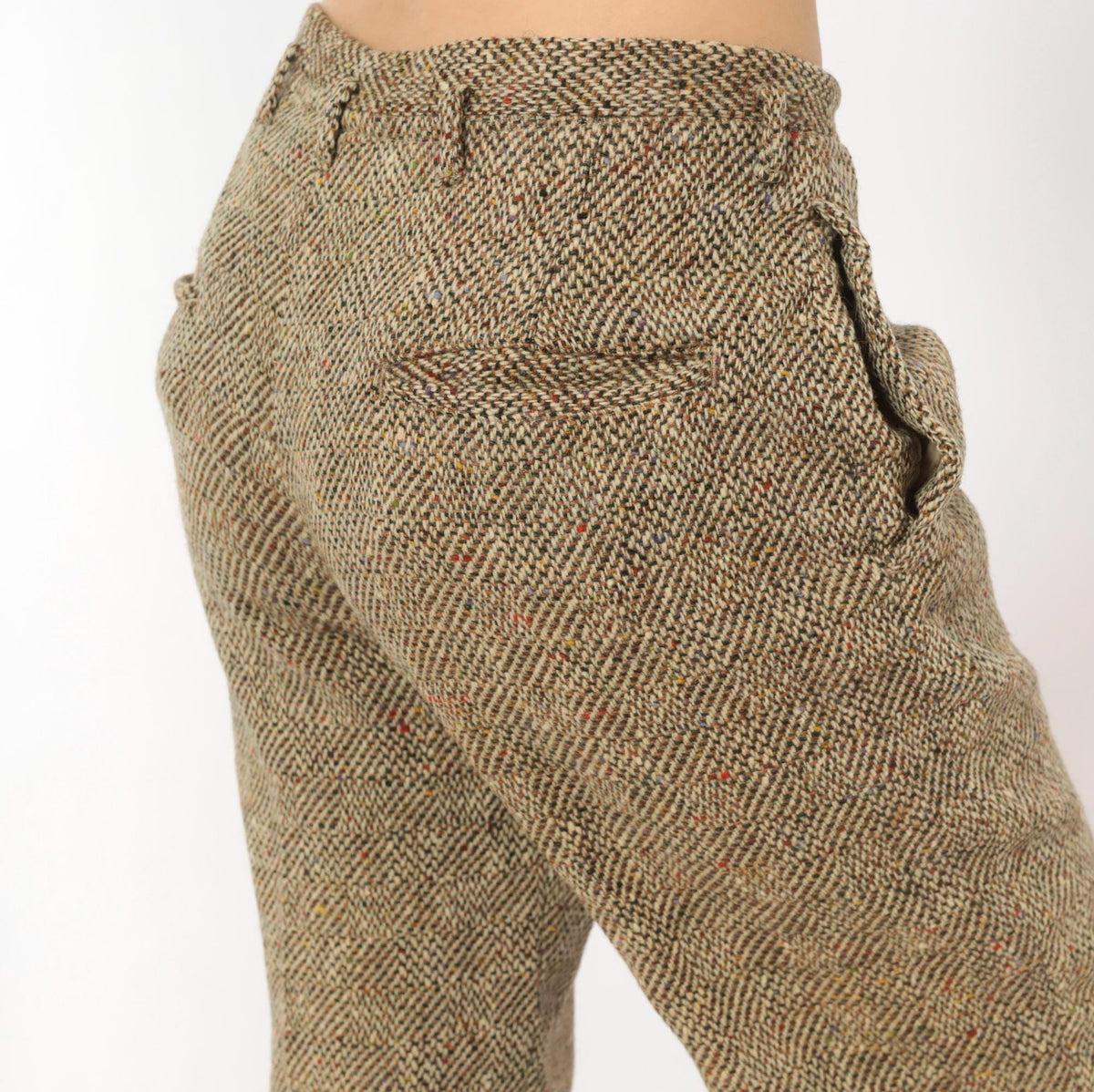 70s Herringbone Tweed Wool Pleated Trousers Tan Cream High Rise Medium