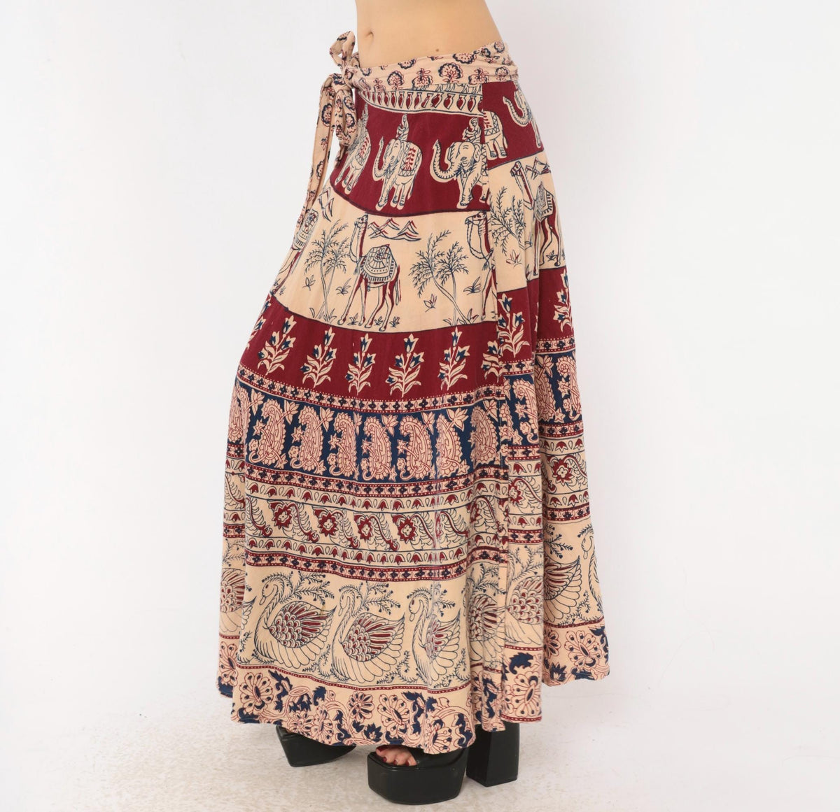 70s Indian Block Print Cotton Wrap Skirt Maxi Burgundy Navy Elephant Peacock Small