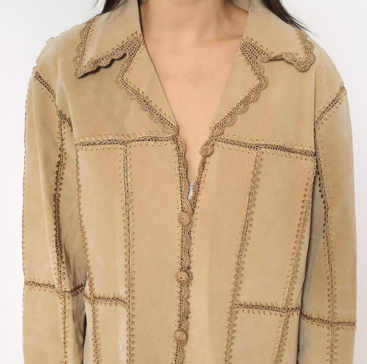 2000s Tan Suede Patchwork Jacket Crochet Trim Button Front Medium