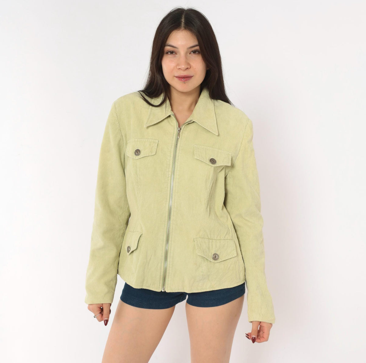 Y2K Rubbish Sage Corduroy Jacket Pointed Collar Four Pocket Mint Green Large L