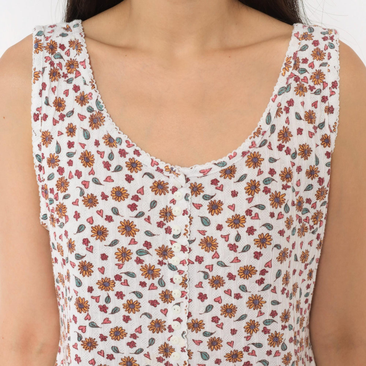 90s Denim Republic Floral Button Tank Sunflower Heart Print White Large L