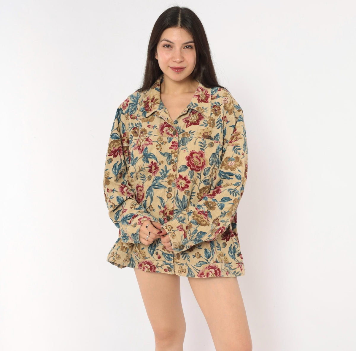 2000s Elisabeth Floral Corduroy Jacket Tan Botanical Button Front Plus Size 3X