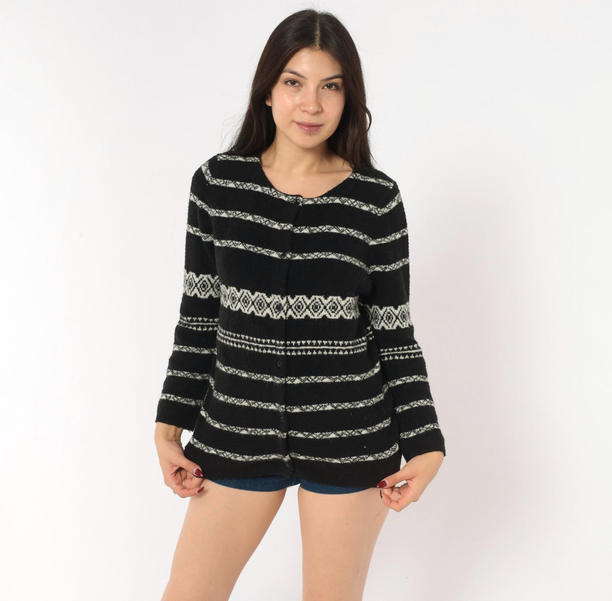90s Moda International Fair Isle Cardigan Black White Wool Knit Medium M