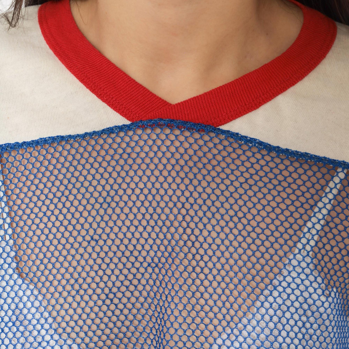 80s Indy Knit Mesh Crop Top Blue Red Stripe V-Neck Athletic Jersey Extra Large
