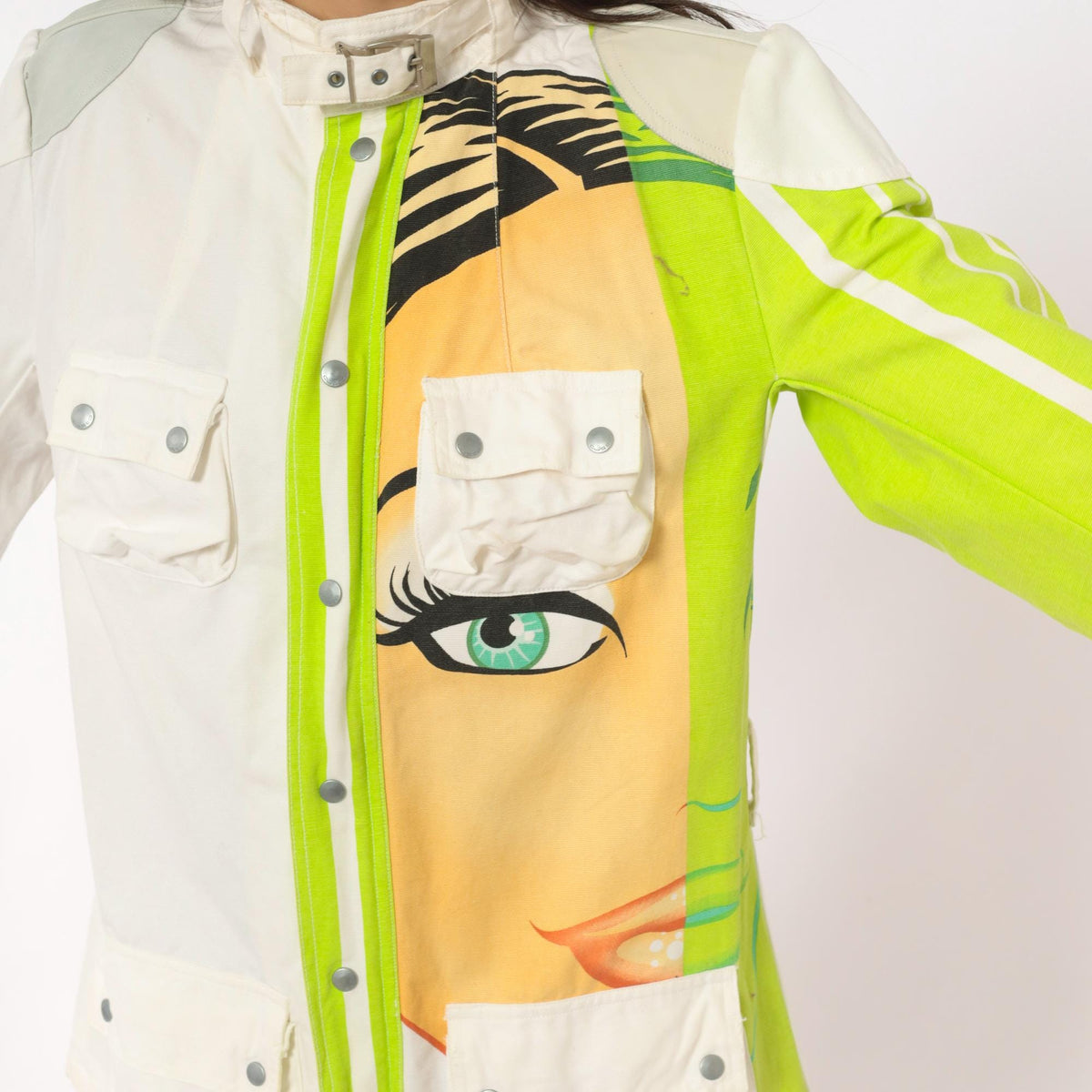 Y2K Custo Barcelona Pop Art Face Jacket White Lime Green Cotton Small S