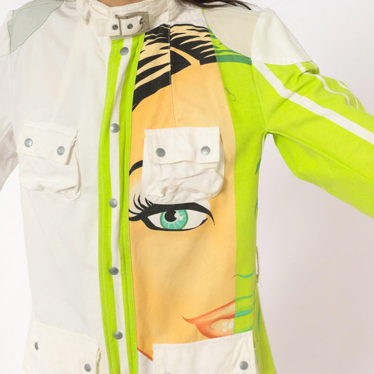 Y2K Custo Barcelona Pop Art Face Jacket White Lime Green Cotton Small S