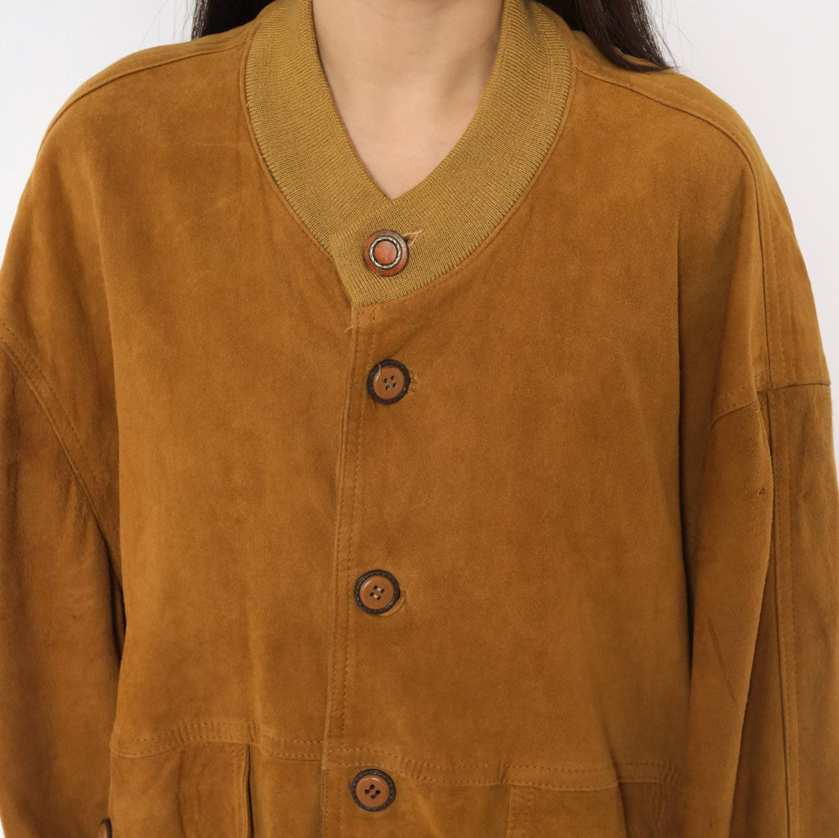 80s Rely Mustard Suede Bomber Jacket Knit Collar Button Front Medium