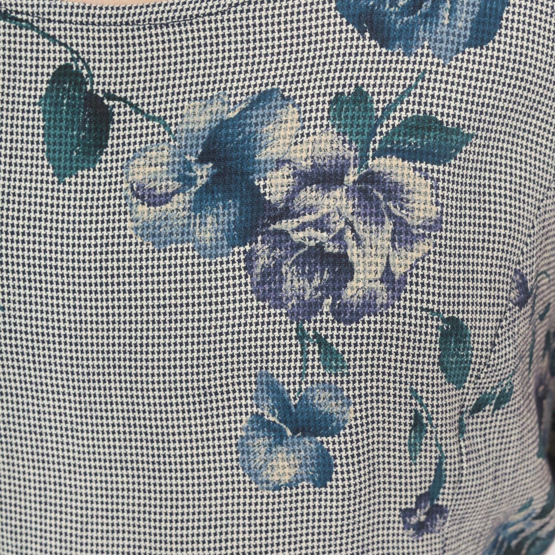 90s Floral Gingham Sundress Blue Rose Print Knee Length A-Line Medium M